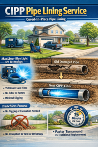 Trenchless CIPP pipe lining in Benicia, CA showing UV-cured liner repairing damaged sewer pipe without excavation or driveway disruption.