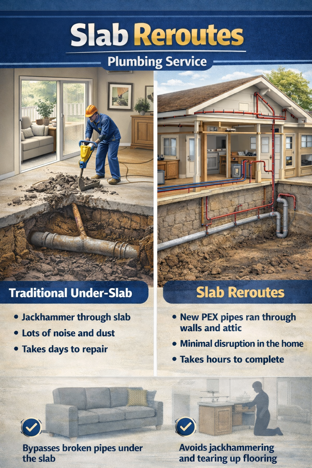 water pipe reroute through walls and attic vs. traditional under-slab jackhammer repair in Benicia, CA showing UV-cured liner repairing damaged sewer pipe without excavation or driveway disruption.